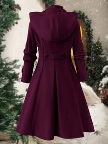 Ellevyn Plus Size Women's Solid Color Long Sleeve Double-Breasted Pleated Design Hooded Overcoat, Autumn/Winter - Purple - View 10