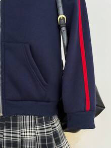 SHEIN Sweetra Young 青少年女孩复古休闲字母印花卫衣 - 藏蓝色 - 查看 5