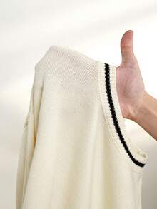 SHEIN PETITE Bộ 2 áo len thường ngày cho nữ kèm áo cổ tròn dài tay viền tương phản và quần dài, trang phục mùa thu cho nữ - Màu be - Xem 11