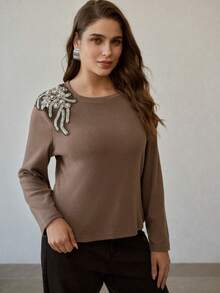 MOTF PREMIUM CAMISETA AJUSTADA CON DETALLES DE RHINESTONE TALLA GRANDE - Café integral - Ver 4
