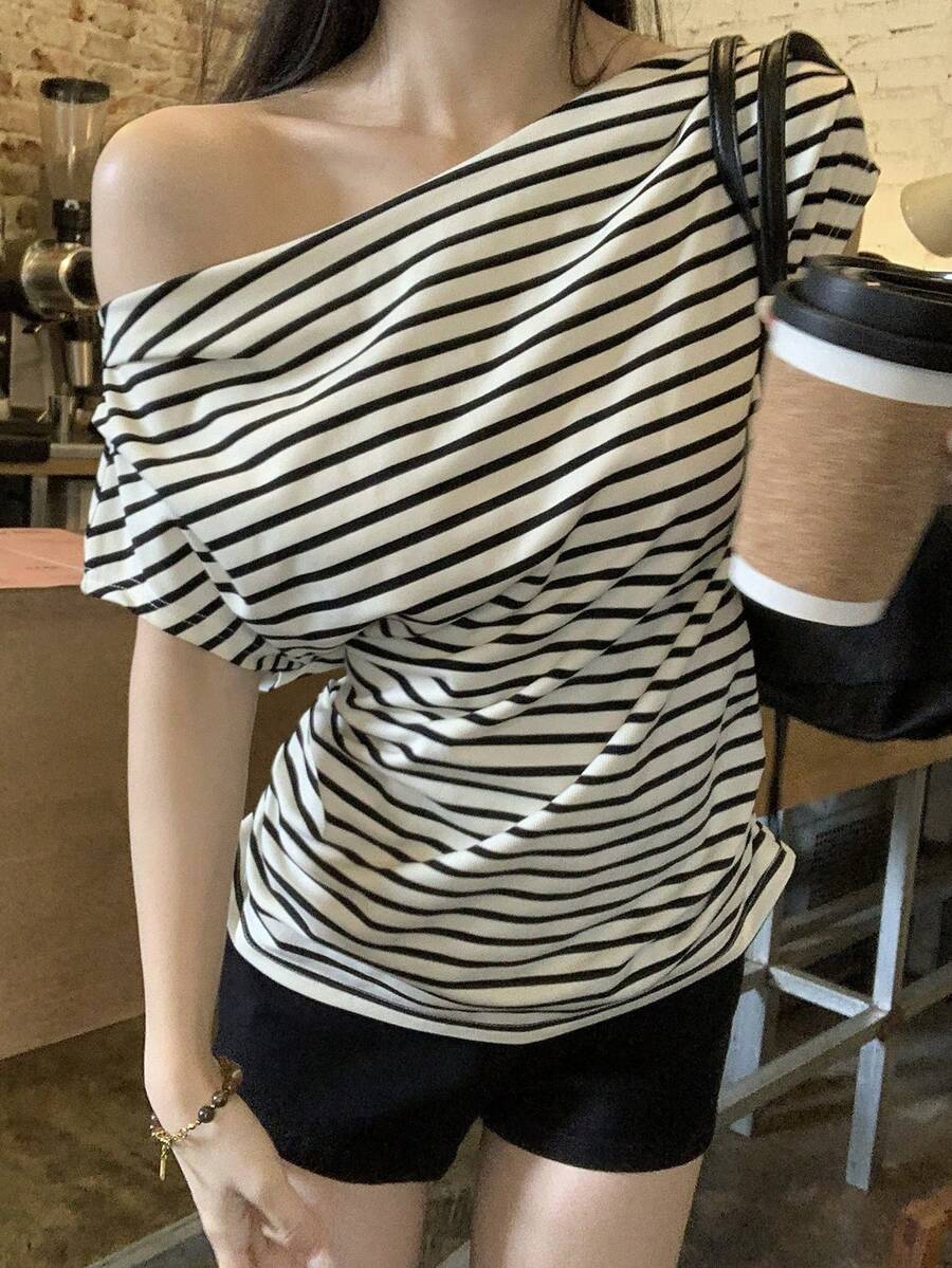 DAZY 女士条纹露肩休闲通勤蝙蝠袖T恤 夏季 - 杏色 - 查看 1