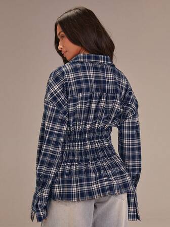Athîral Women's Blue Plaid Pleated Collar Shirt With A Cinched Waist, Comfortable And Soft Woven Fabric, Featuring A Fitted Waist Design,Plaid Tops,Blue Top,Casual Women Outfits,Casual Outfit For Women