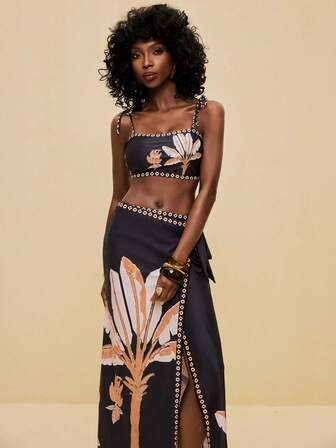 SHEIN Veneréa 3件套女士优雅多色印花吊带比基尼和长裙泳装套装，夏季海滩度假