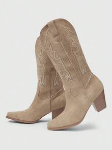 ROMWE Fairycore Botas vaqueras para mujer, botas de tobillo estilo western con bordado de toque único, para uso casual en exteriores, para primavera y otoño, color caqui