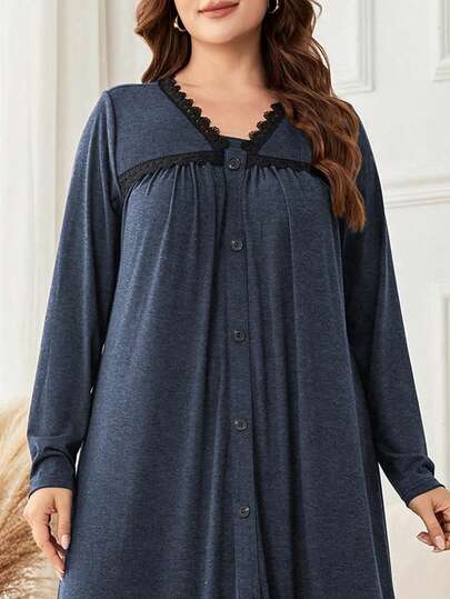 Lacomfia Knitted Dark Gray Casual Patchwork Lace Rivet Decor Button Accent Long Sleeve Loose Comfortable Minimalist Long Dress For Plus Size Women