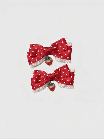 1 Pair Red Cute Sweet Lace Bow Polka Dot Strawberry Print Decorative Hair Clips, Fashionable Minimalist Kawaii Design For Women, Suitable For Daily, School, Date, Shopping Outfits
