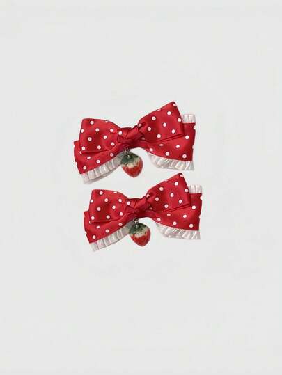1 Pair Red Cute Sweet Lace Bow Polka Dot Strawberry Print Decorative Hair Clips, Fashionable Minimalist Kawaii Design For Women, Suitable For Daily, School, Date, Shopping Outfits