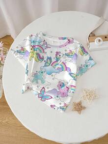 My Little Pony X SHEIN Young Girl Cute Cartoon Rainbow & Butterfly Print Short Sleeve T-Shirt, Casual Daily Commute & Holiday Style - White - View 1
