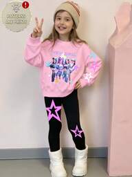 2pcs/Set Young Girl Fashion Colorful K-POP Girl Group Letter & Star Print Crew Neck Long Sleeve Sweatshirt Top And Star Print Leggings Pants, Suitable For Outings In Autumn/Winter