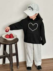 SHEIN Young Girls' Casual Heart Pattern Hooded Sweatshirt - Black - View 6