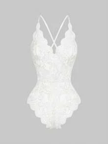 ROMWE Kawaii 浪漫情人节性感蕾丝V领荷叶边可调节肩带连体衣