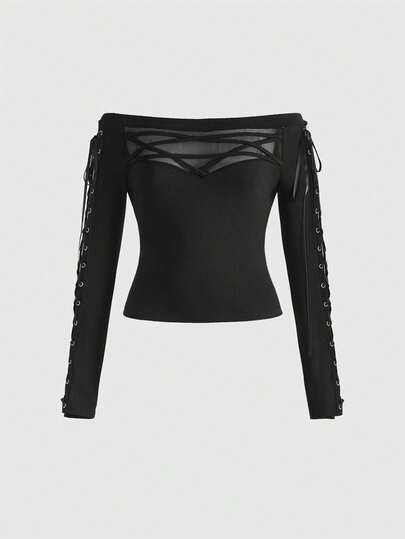 Große Größen Gothic Metall Ösen Schnürung Umgekehrter Pentagramm Rollkragen Enges T-Shirt