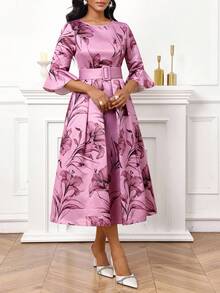 SHEIN Lady 女式优雅花卉印花荷叶边袖连衣裙，秋季 - 珊瑚粉 - 查看 6