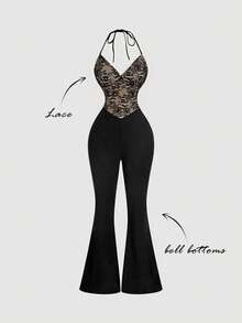 SHEIN MOD Women's Black Lace Patchwork Flare Elegant Halter Jumpsuit, Elegant Jumpsuit For Women, Elegant Outfit For Party, Black Club Outfit, Sexy Date Night Outfit, Lace Jumpsuit, Bodycon Jumpsuit,Spring Outfit Women - Black - View 1