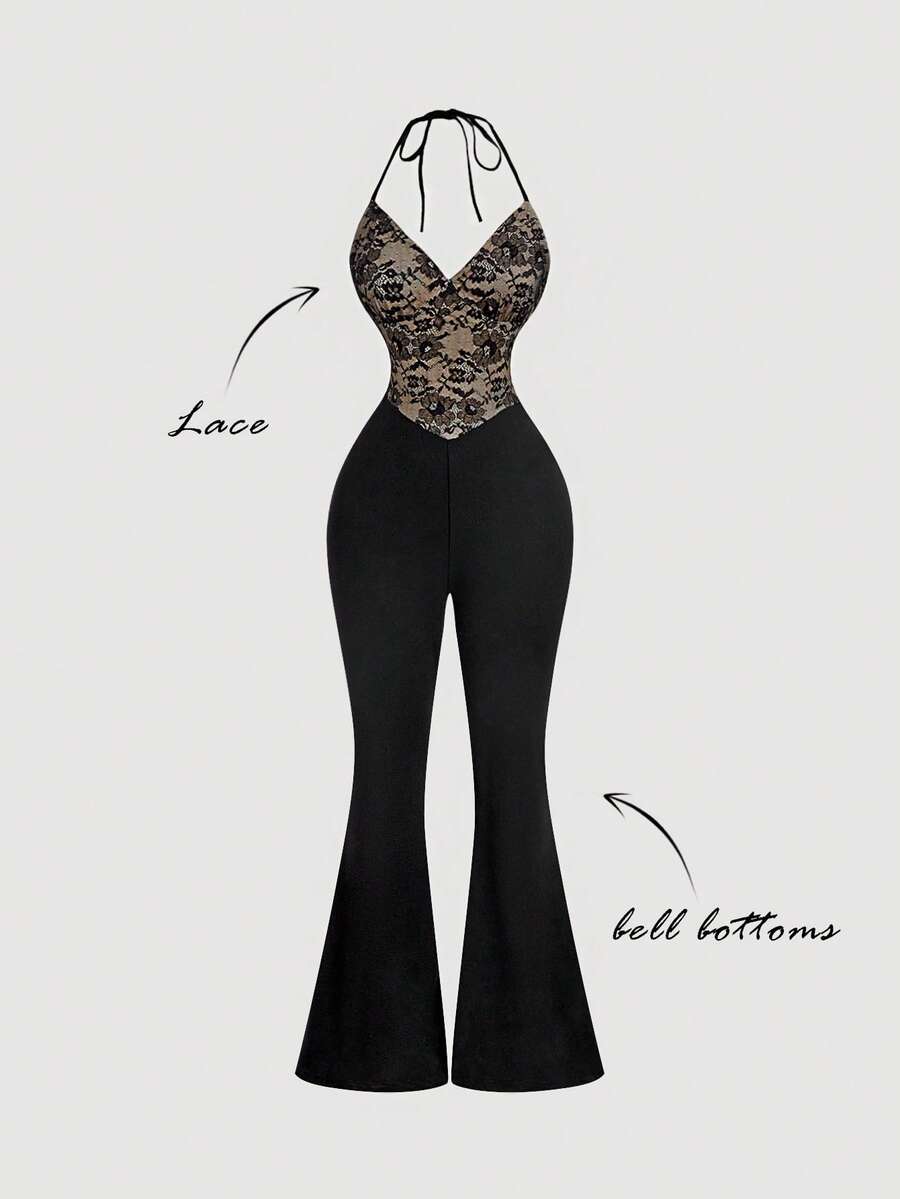 SHEIN MOD Women's Black Lace Patchwork Flare Elegant Halter Jumpsuit, Elegant Jumpsuit For Women, Elegant Outfit For Party, Black Club Outfit, Sexy Date Night Outfit, Lace Jumpsuit, Bodycon Jumpsuit,Spring Outfit Women - Black - View 1