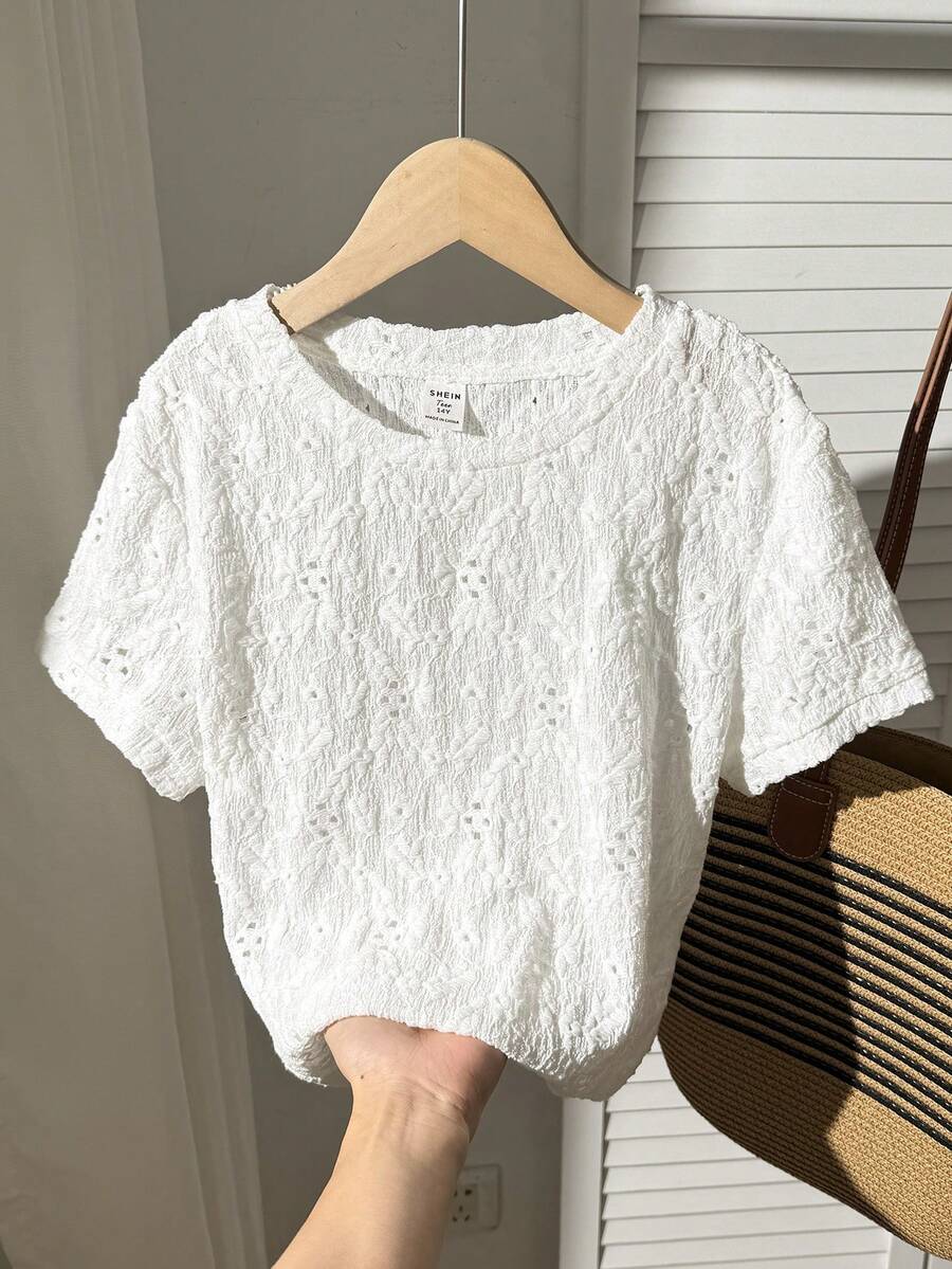 SHEIN 少女纯色圆领修身休闲短款短袖T恤,甜美上衣 - 白色 - 查看 1