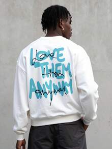 Manfinity ZONE917 ZONE917 Men's Blue & Black "LOVE THEM ANYWAY" Slogan Graphic Print Fleece Pullover Sweatshirt - White - View 6