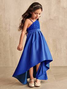 SHEIN Elladie kids 女童圣诞礼服、派对礼服、新年礼服、适合儿童的公主裙、不对称露背亮片礼服、蓝色礼服、蓬蓬裙、生日派对礼服、婚礼司仪礼服、中东和欧洲四季礼服、嘉年华礼服。 - 寶藍色 - 查看 4