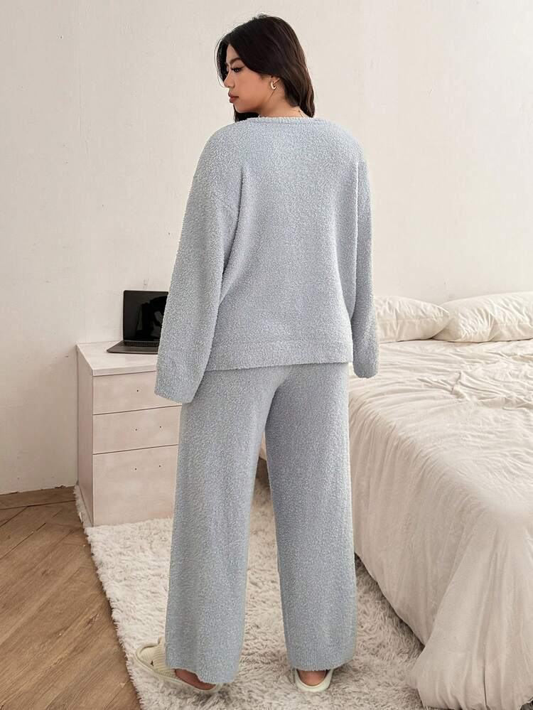 Dazy Plus Plus Size Women Thick Jacquard Letter Pattern Loose Fit Crew Neck Sweater Pants Sleepwear Set, Autumn/Winter
