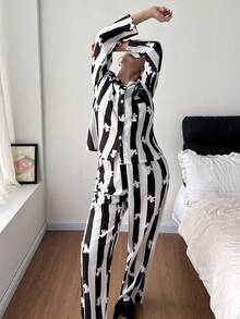 Dream Adore Cute Puppy Striped Long Sleeve Pajama Set - Black and White - View 6