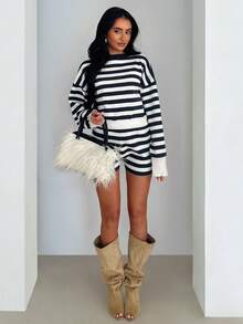 Glamine 2pcs Women's Casual Colorblock Striped Loose Knit Sweater Set, Autumn/Winter - Multicolor - View 2