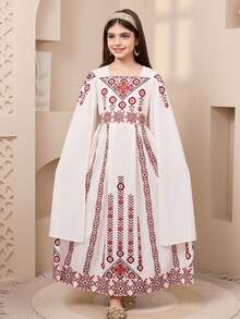 SHEIN Áo choàng hoa cổ vuông sang trọng mới cho bé gái tuổi teen mùa xuân/hè, phù hợp cho đám cưới, dạ hội trang trọng và các sự kiện văn hóa (Chuẩn bị cho mùa xuân/hè, sang trọng dễ dàng, phong cách hiện đại) Trang phục mùa hè, trang phục mùa xuân, trang phục truyền thống Ả Rập, Kaftan, Jalabiya, Abaya, Ramadan, đồ đôi chị em, đồ đôi mẹ con. - Màu Khaki - Xem 7
