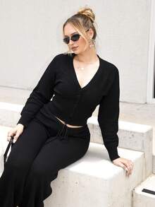 Arliah Cárdigan de punto con cuello en V, abotonado, cintura acanalada, puños ajustados, estilo primaveral Y2K de los 90, casual, lindo, otoño, invierno, para uso diario, oficina, Navidad, elegante, para fiestas de noche - Negro - Ver 3