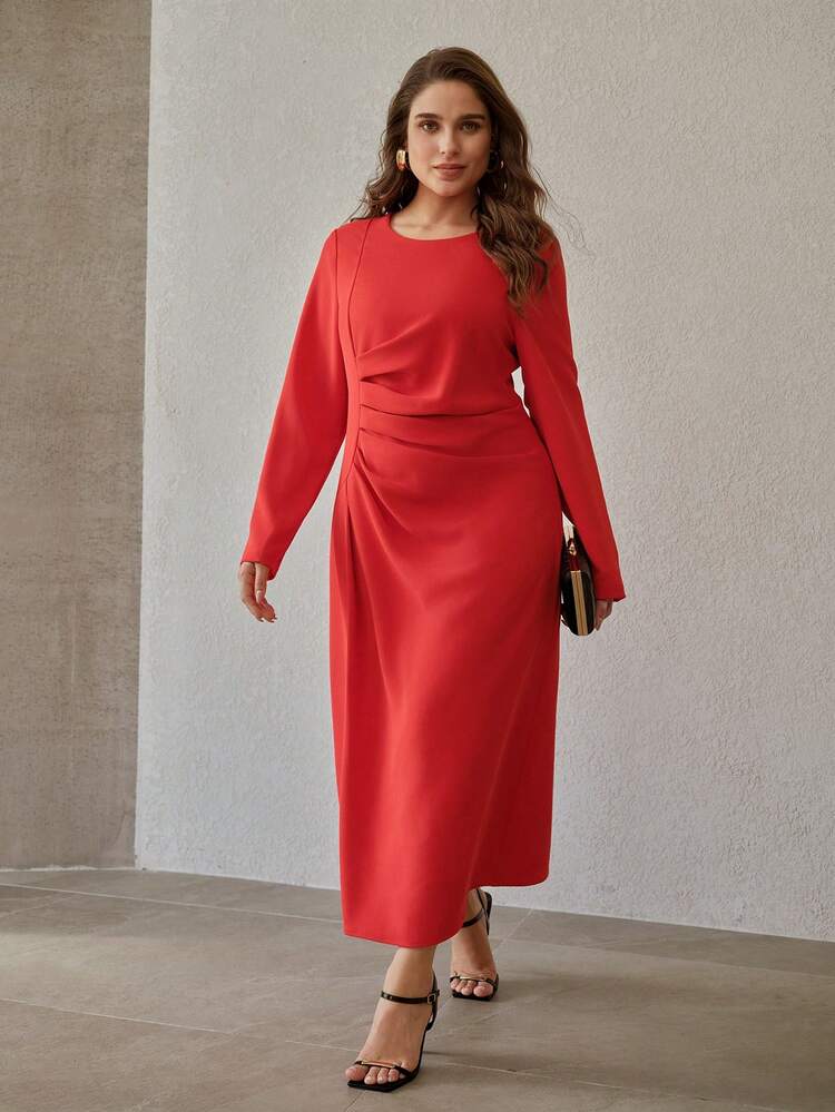 PLUS SIZE WOMEN'S SPRING/SUMMER LONG SLEEVE RUCHED RED PARTY DRESS