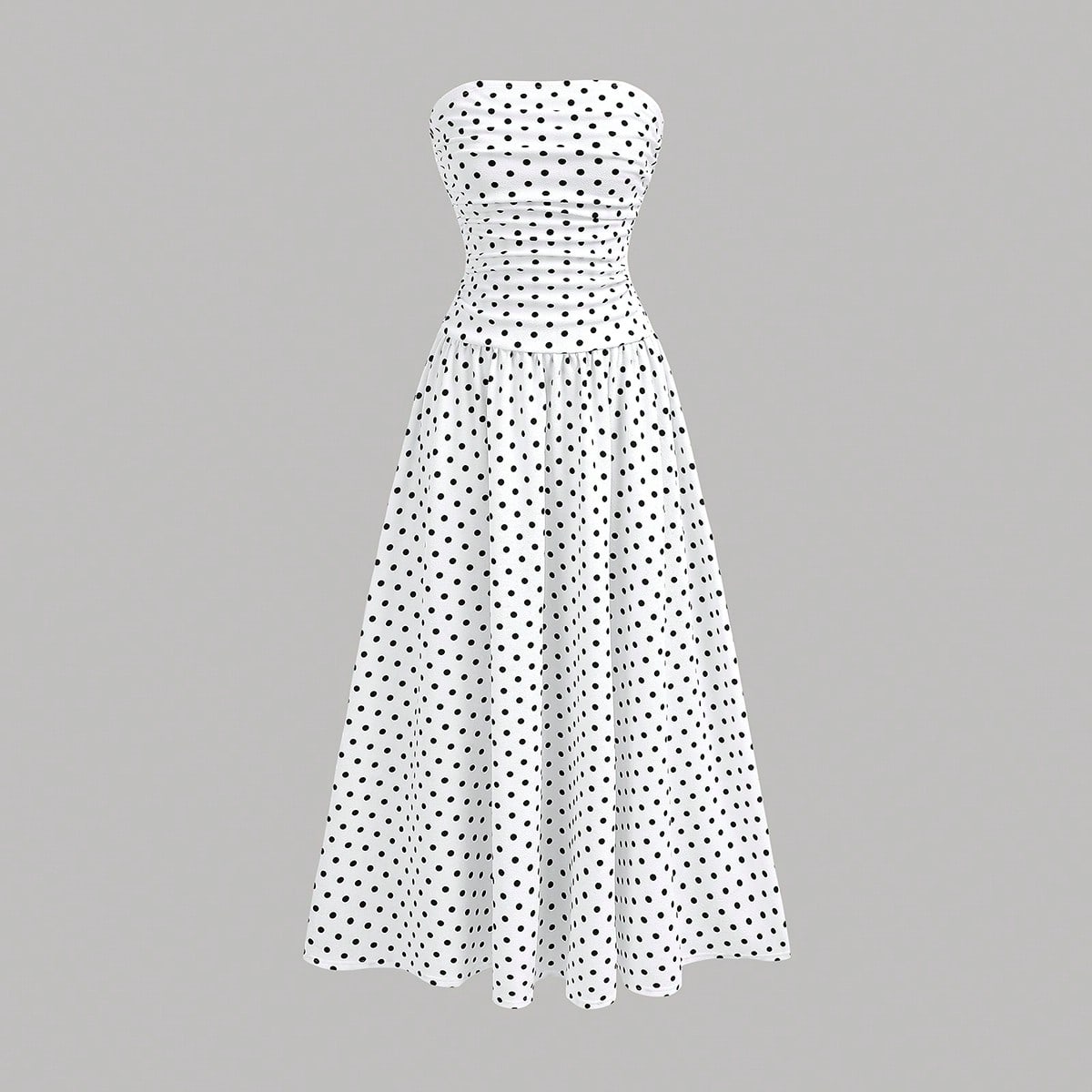Elegante vestido de tirantes acampanado con volantes y lunares blancos y negros para adolescentes
