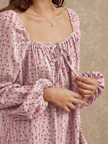 WESTFADE 印花灯芯绒方领蝴蝶结前襟长泡泡袖宽松迷你连衣裙，休闲可爱波西米亚风，适合秋季、冬季、乡村音乐会、西部风格场合，女款 - 粉色 - 查看 5
