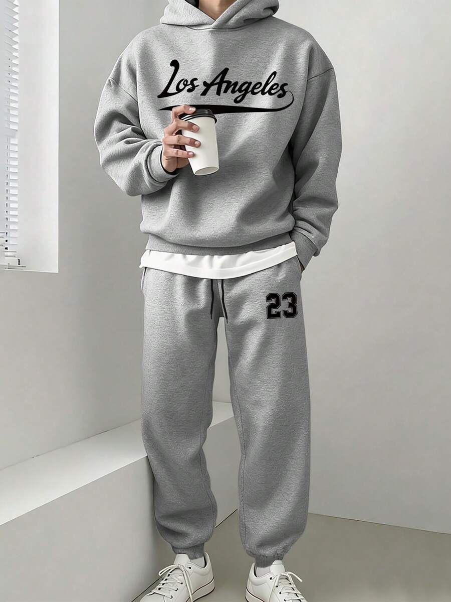Manfinity Hypemode Men's Casual Los Angeles 23 Numeral & Letter Print Hoodie Set Chic Autumn - Grey - View 1