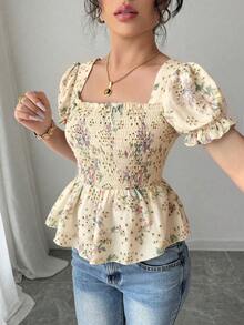 Elenzga Women's Elegant Floral Embroidered Puff Sleeve Gathered Waist Blouse, Countryside Style Top - Multicolor - View 6