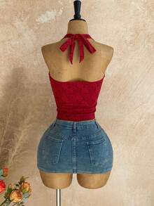 Soleia Áo hai dây dệt kim màu trắng có họa tiết ôm sát dành cho nữ - Đỏ - Xem 2