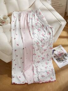SHEIN 3 pièces Ensemble de pantalons de pyjama côtelés pour femmes, imprimé floral romantique, cœur et cerise - Multicolore - Voir 4