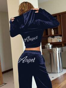 SHEIN EZwear Navy Blue Velvet Rhinestone Letter Hoodie & Pants Women Sports Suit Jogger Sets For Women Two Piece Set Women Comfy 2 Piece Lounge Sets Woman 2 Piece Casual Sets Woman Women S Lounge Set Blue 2 Piece Set Women - Royal Blue - View 2