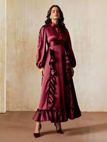 Anewsta Neues Maxikleid mit Rüschenärmeln und Rüschensaum, elegant im Vintage-Stil - Violett - Übersicht 4