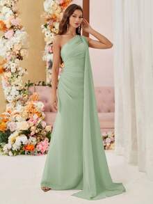Aureia Gaun Bridesmaid Chiffon dengan Bahu Asimetris dan Detail Draperi (Dewasa) - Rumput Hijau - View 4