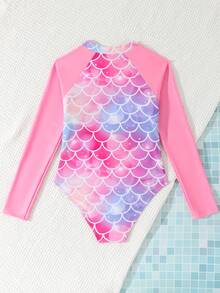 少女美人鱼鳞片印花连体泳衣，长袖，休闲风格，可爱，舒适，放松，非常适合春夏季节度假。 - 粉色 - 查看 3