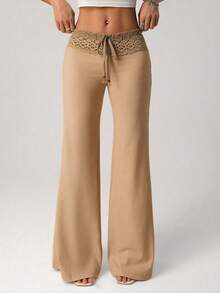 SHEIN ICON 女士白色针织拼接腰带串珠抽绳直筒宽松休闲度假裤 - 卡其色 - 查看 4