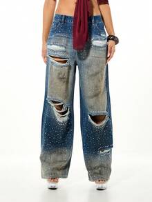 SUMWON WOMEN Quần jeans denim ống rộng rách rưới đính đá đính kim cương giả, cạp cao, dáng suông, thích hợp mặc dạo phố thường ngày mùa thu đông - Màu xanh lam - Xem 6