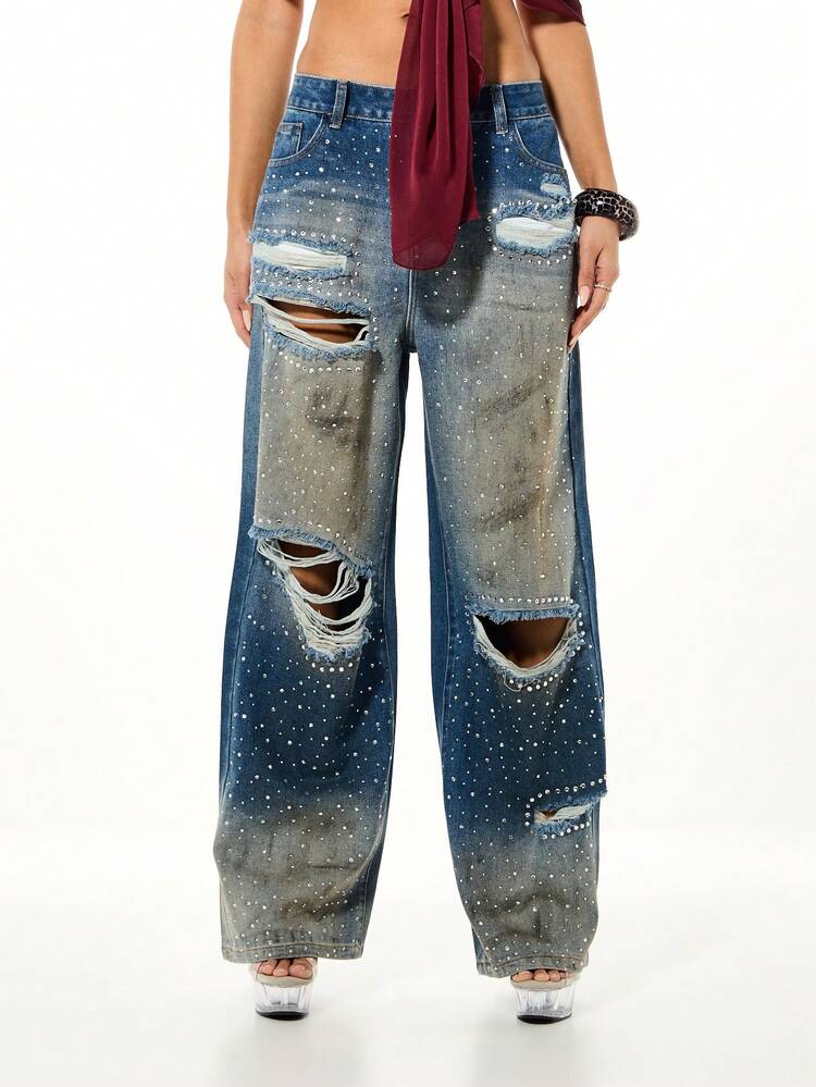 SUMWON WOMEN Jean large délavé orné de strass