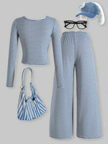 SHEIN ChillGRL 两件套少女圆领长袖T恤和松紧腰条纹直筒裤，休闲日常穿搭，秋季款 - 藍白色 - 查看 2