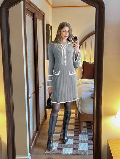 Pariaura Vestido de punto casual de manga larga con cuello redondo y ribete de bloque de color para mujer