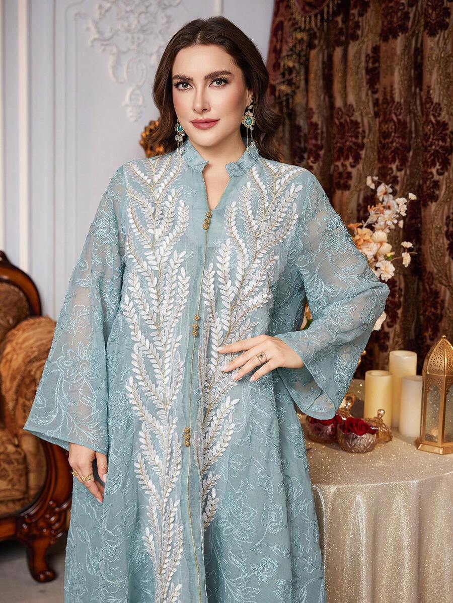 Al Najma Plus Size Women's Elegant Loose Long Sleeve Arabic Style Dress With Embroidered Mesh Trim, High-End And Romantic Kaftan Jalabiya Dress - Green - View 1