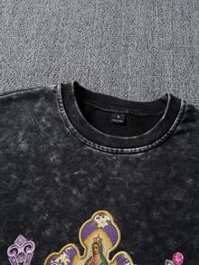 Manfinity EMRG Czarna bluza z nadrukiem kwasowym i perłowym krzyżem, wzór Matki Boskiej, styl uliczny dla młodych mężczyzn, swobodny ubiór na co dzień - Czarne - Zobacz 3