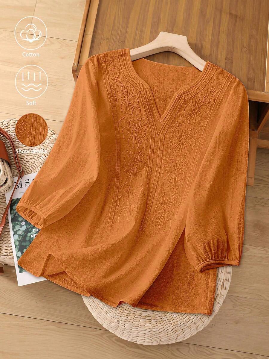 GlowEve Women's White V-Neck Embroidered Short Sleeve Blouse - Orange - View 1