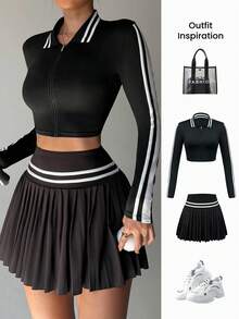 Dewbera 女士拉链领条纹长袖上衣和百褶裙高尔夫运动服