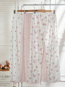 SHEIN 3 pièces Ensemble de pantalons de pyjama côtelés pour femmes, imprimé floral romantique, cœur et cerise - Multicolore - Voir 7