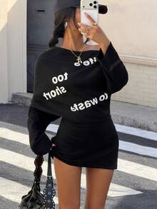 Muchica 女士黑色针织印花单肩连衣裙