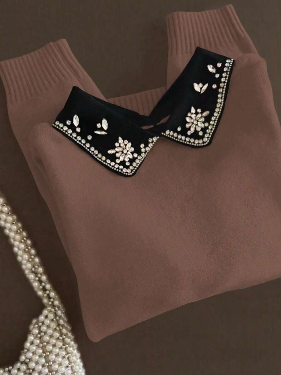 Franclia Áo len dệt kim 2 trong 1 cổ điển thanh lịch có họa tiết kim cương, có cổ, tay dài, mặc thường ngày, trở lại trường, thu/đông - Bụi hồng - Xem 1